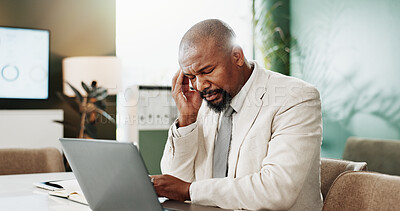 Buy stock photo Headache, laptop and stress with business black man in office for debt or financial burnout. Anxiety, audit and computer with mature African employee in finance workplace for brain fog or migraine
