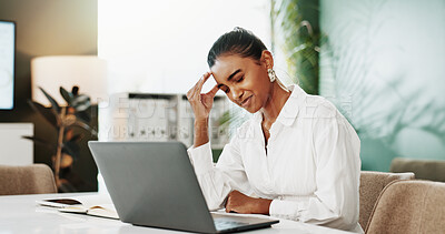 Buy stock photo Frustrated, woman and laptop with headache for stress, mistake or project deadline in office. Female person, administrator or computer with migraine for company backlog or pressure in workplace