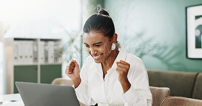 Buy stock photo Happy woman, winning and laptop with fist pump in office for good news, promotion or bonus. Excited, female person or celebration with smile on computer for achievement, accomplishment or success