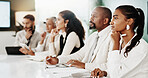 Listening, meeting or business people in office, investor or presentation for investment opportunity. Employees, men or women in workplace, planning or discussion for financial deal or trading option