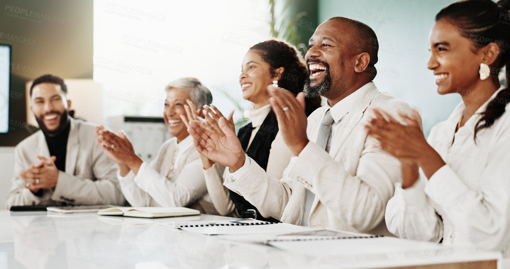 Buy stock photo Business people, applause and excited with celebration at meeting with announcement at investment company. Group, men and women with success, support or happy for achievement at finance agency