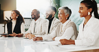 Buy stock photo Laughing, meeting and workshop with business people in office together for learning or success. Audience, collaboration and funny with happy employee team in workplace for upskill development