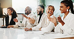 People, team and applause at office meeting with success for project, smile and goals at insurance company. Group, women and men with support, announcement or celebration at risk management agency