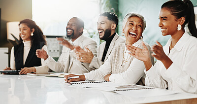 Buy stock photo People, team and applause at office meeting with success for project, smile and goals at insurance company. Group, women and men with support, announcement or celebration at risk management agency