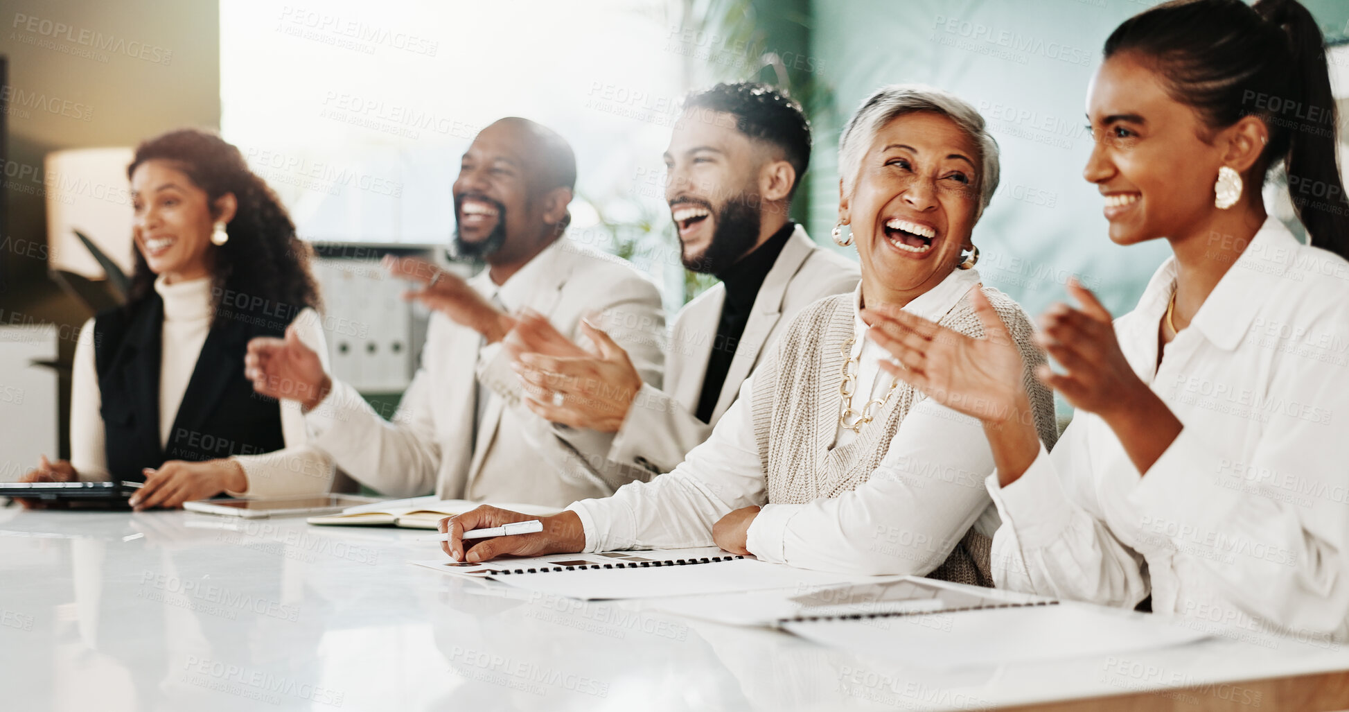 Buy stock photo People, team and applause at office meeting with success for project, smile and goals at insurance company. Group, women and men with support, announcement or celebration at risk management agency