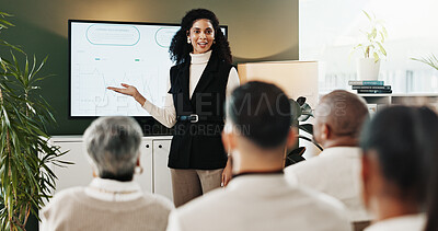 Buy stock photo Presentation, speaking or woman in meeting for pitch, business growth proposal or sales increase idea. Talking, people or screen with expenses comparison graph for info, market research or solution