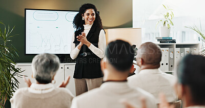 Buy stock photo Presentation, applause or woman in meeting for pitch, business growth proposal or sales increase success. Well done, people or screen with expenses comparison graph for info, profit solution or clap