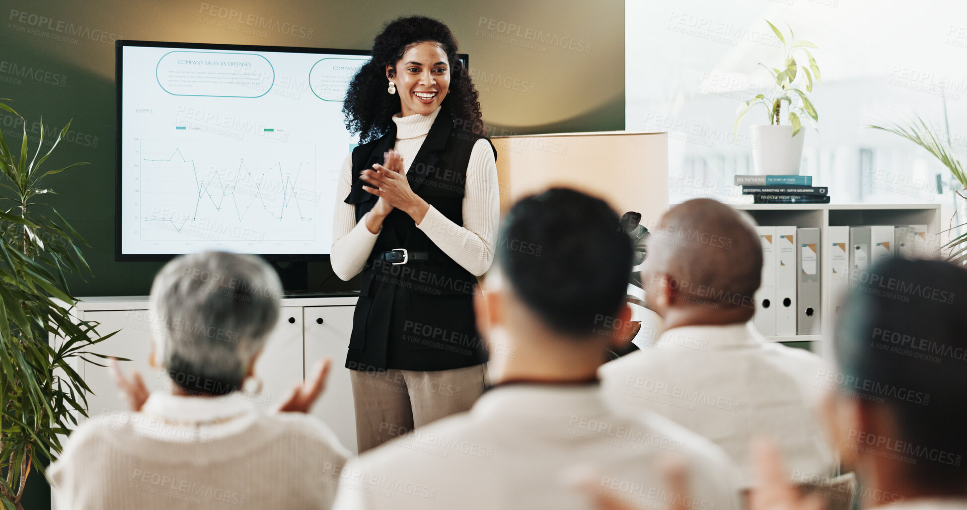 Buy stock photo Presentation, applause or woman in meeting for pitch, business growth proposal or sales increase success. Well done, people or screen with expenses comparison graph for info, profit solution or clap