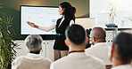Business woman, presentation and screen for proposal, planning or project management in office. Collaboration, team and brainstorming with technology for company event, agenda ideas or tasks schedule