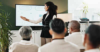 Buy stock photo Screen, presentation and business woman for proposal, planning or project management in office. Collaboration, team and brainstorming with technology for company event, agenda ideas or tasks schedule