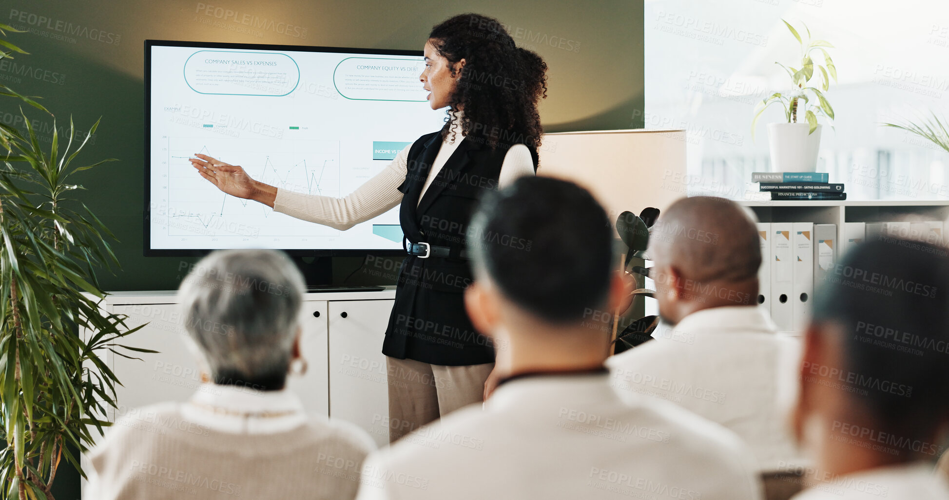 Buy stock photo Screen, presentation and business woman for proposal, planning or project management in office. Collaboration, team and brainstorming with technology for company event, agenda ideas or tasks schedule