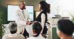 Handshake, presentation and business people in office for partnership, deal or finance agreement. Meeting, shaking hands and financial manager with investor for investment collaboration in workplace.