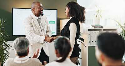 Buy stock photo Handshake, presentation and business people in office for partnership, deal or finance agreement. Meeting, shaking hands and financial manager with investor for investment collaboration in workplace.