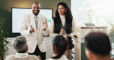 Buy stock photo Applause, award and funny with business people in office for achievement or congratulations. Laughing, trophy and winner with corporate employees clapping in workplace for milestone or success