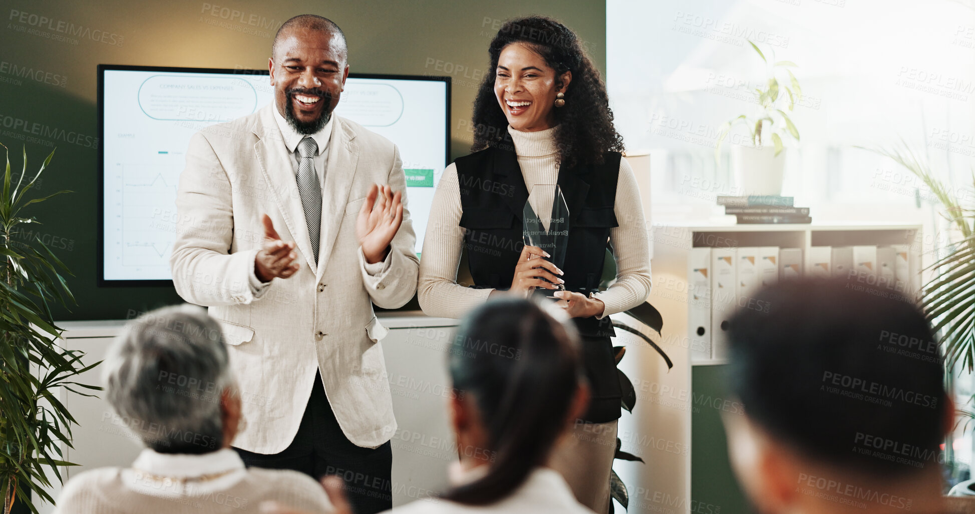 Buy stock photo Applause, award and funny with business people in office for achievement or congratulations. Laughing, trophy and winner with corporate employees clapping in workplace for milestone or success