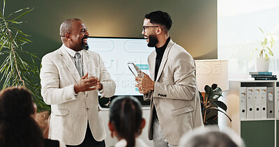 Buy stock photo Applause, award and laughing with business men in office for achievement or congratulations. Funny, trophy and winner with employee team clapping in corporate workplace for milestone or success