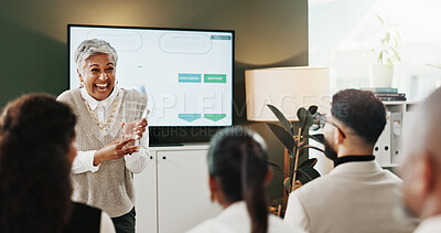 Buy stock photo Award, laughing and presentation with business woman in office for development or workshop. Computer screen, funny and management with employee people in boardroom for goals or trophy success