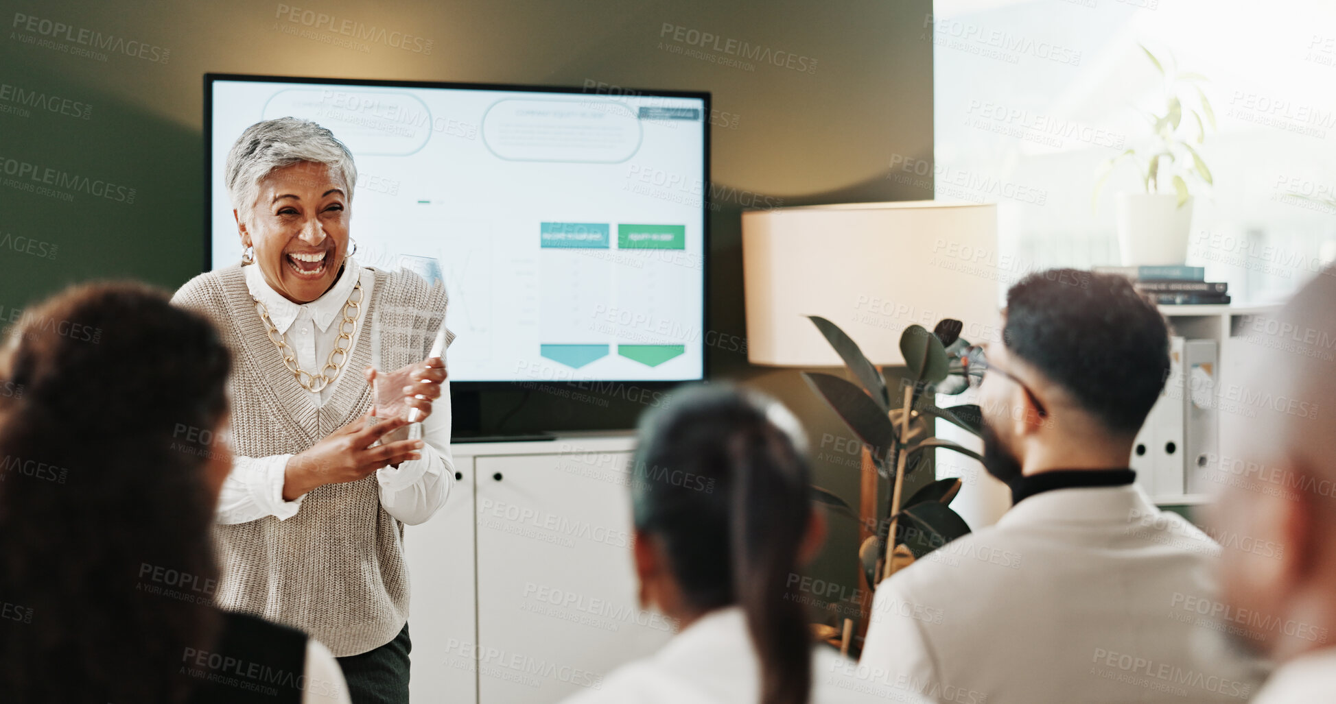 Buy stock photo Award, laughing and presentation with business woman in office for development or workshop. Computer screen, funny and management with employee people in boardroom for goals or trophy success