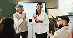 Applause, award and funny with business women in office for achievement or congratulations. Laughing, trophy and winner with employee team clapping in corporate workplace for milestone or success