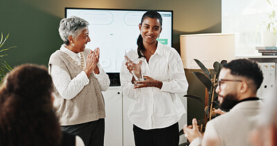 Buy stock photo Applause, award and funny with business women in office for achievement or congratulations. Laughing, trophy and winner with employee team clapping in corporate workplace for milestone or success