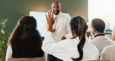 Buy stock photo Seminar, audience and question for speech, event and person with hand up in training session or back. Team, meeting and woman with opinion for presentation, vote and gesture for answer in workshop