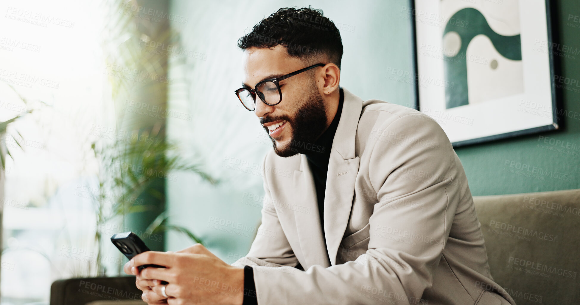 Buy stock photo Typing, phone and businessman in office lounge for networking, financial notification or check email. Mobile, smile and investment broker in company for communication, info or equity update online