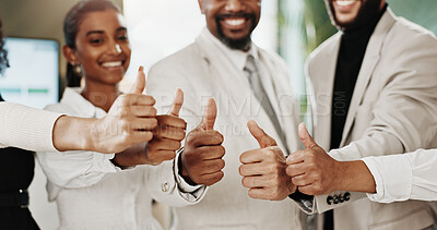 Buy stock photo Happy, business people and hands with thumbs up in unity for team agreement or confirmation. Excited, group or employees with smile, like emoji or yes sign for positive review or feedback together
