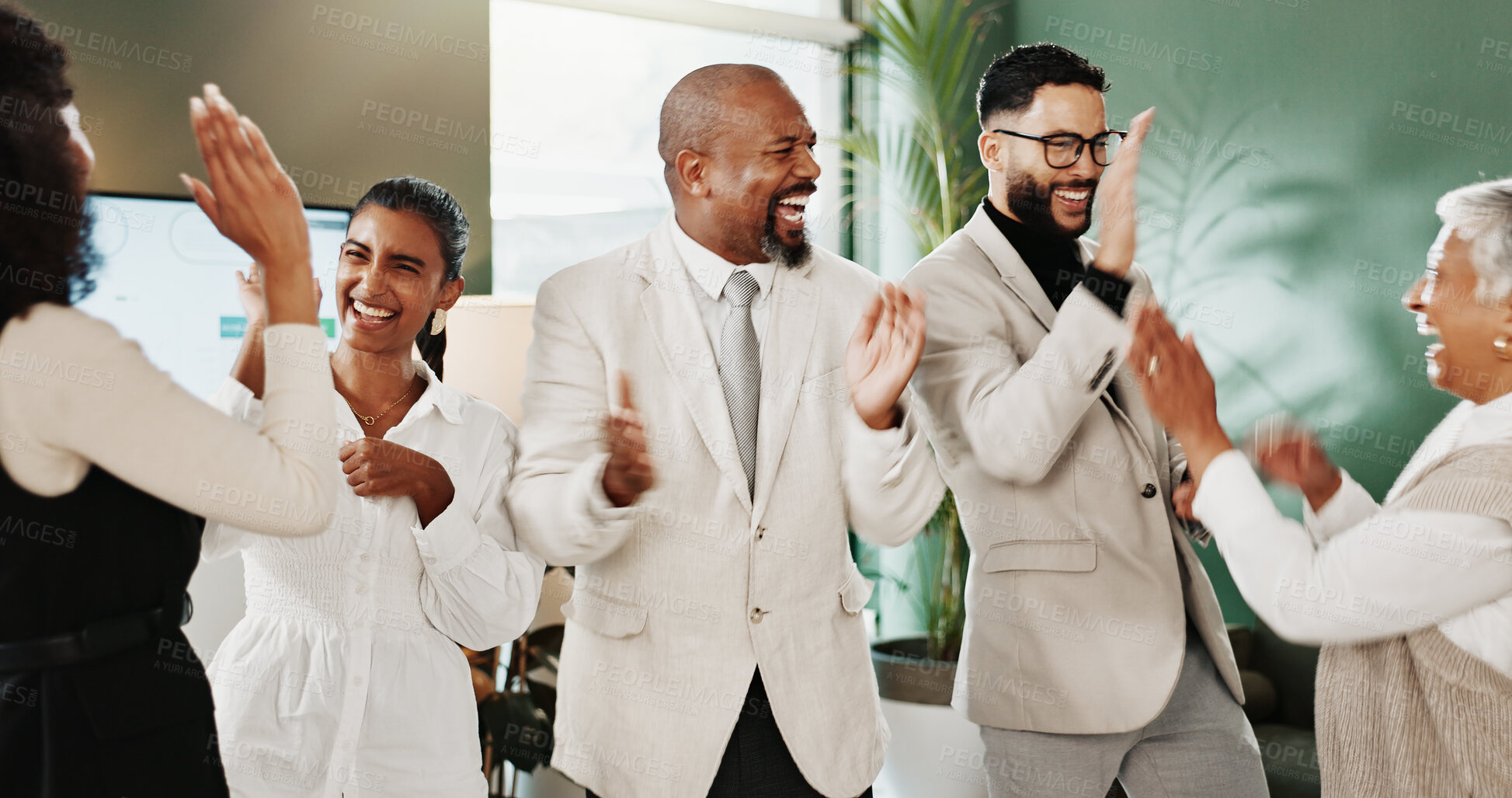 Buy stock photo Happy people, winning and high five with team for business success or promotion together in office. Excited, group or employees with smile or applause for achievement, accomplishment or completion