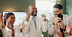 Applause, business people and celebration with group for win, investment profit and fist pump. Yes, excited team and clapping in workplace for financial reward, success and milestone achievement