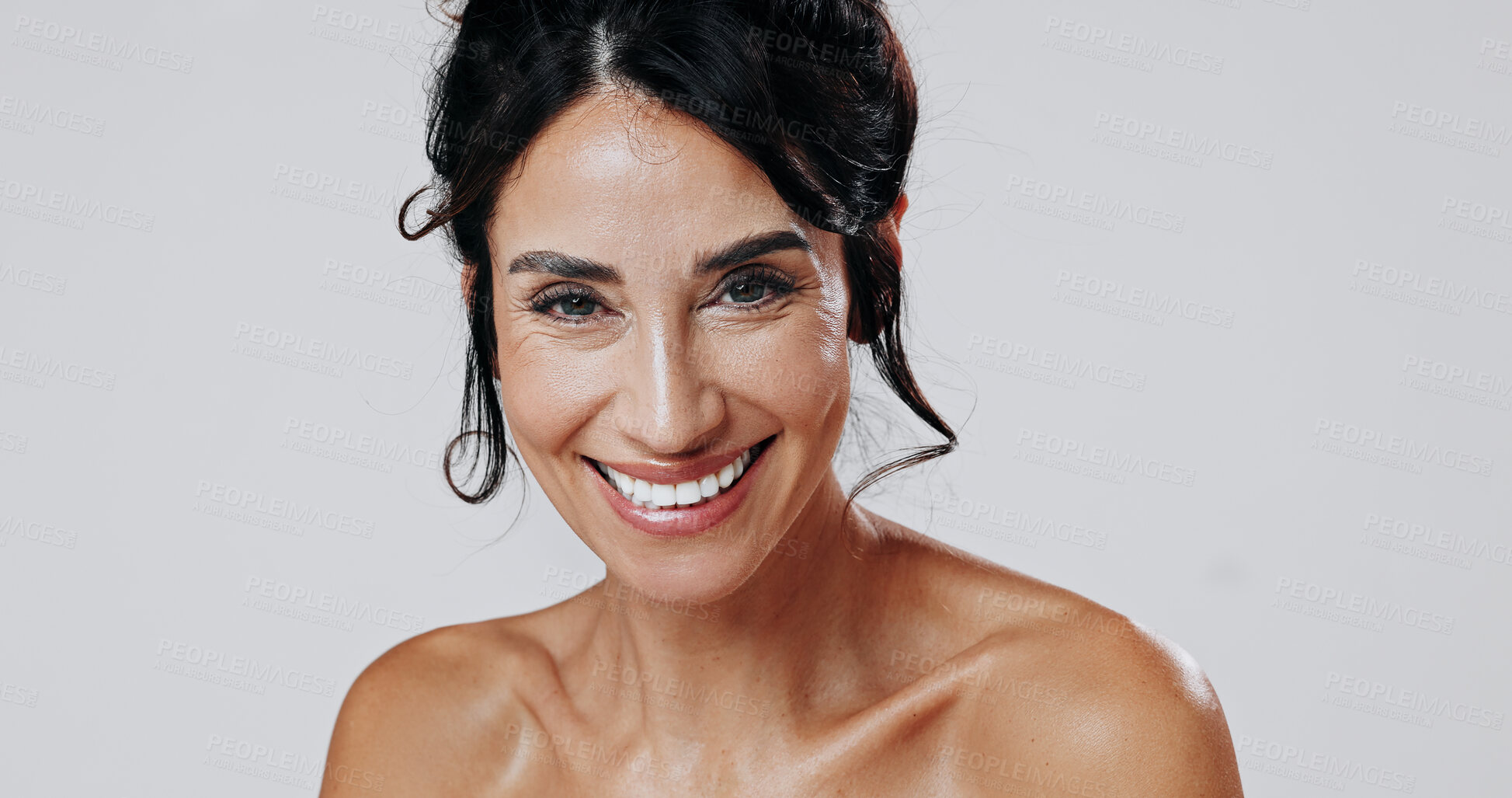 Buy stock photo Beauty, portrait and smile of woman on studio space for antiaging cosmetics or dermatology results. Aesthetic, satisfaction and skincare with mature model isolated on white background for cosmetology