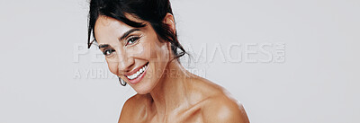Buy stock photo Portrait, skincare and smile of woman on studio space for antiaging cosmetics or dermatology results. Aesthetic, banner and beauty with mature model isolated on white background for cosmetology