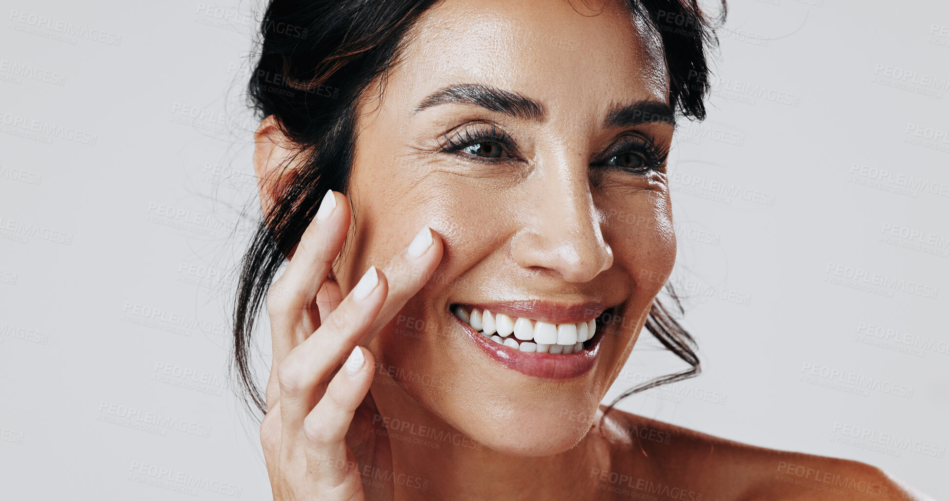 Buy stock photo Beauty, smile and touching with happy woman in studio for cosmetic or dermatology inspiration. Ideas, satisfaction and skincare with mature model isolated on white background for antiaging aesthetic
