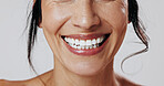 Dental, smile or woman in studio with mouth, closeup or tooth wellness in orthodontics. Happiness, veneers and person on white background with hygiene, teeth whitening and dentistry in oral health.