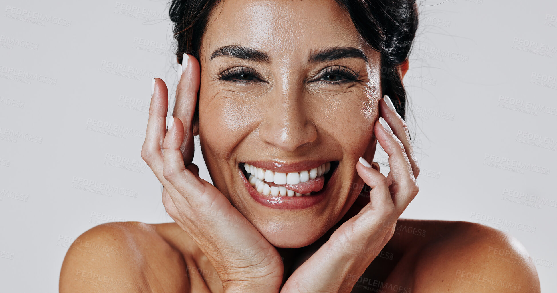 Buy stock photo Beauty, portrait and smile of playful woman on studio space for antiaging cosmetics or dermatology. Aesthetic, skincare and tongue out with mature model isolated on white background for cosmetology