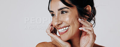 Buy stock photo Beauty, laughing and thinking with woman on studio space for cosmetic or dermatology inspiration. Banner, funny and ideas with mature model isolated on white background for antiaging skincare