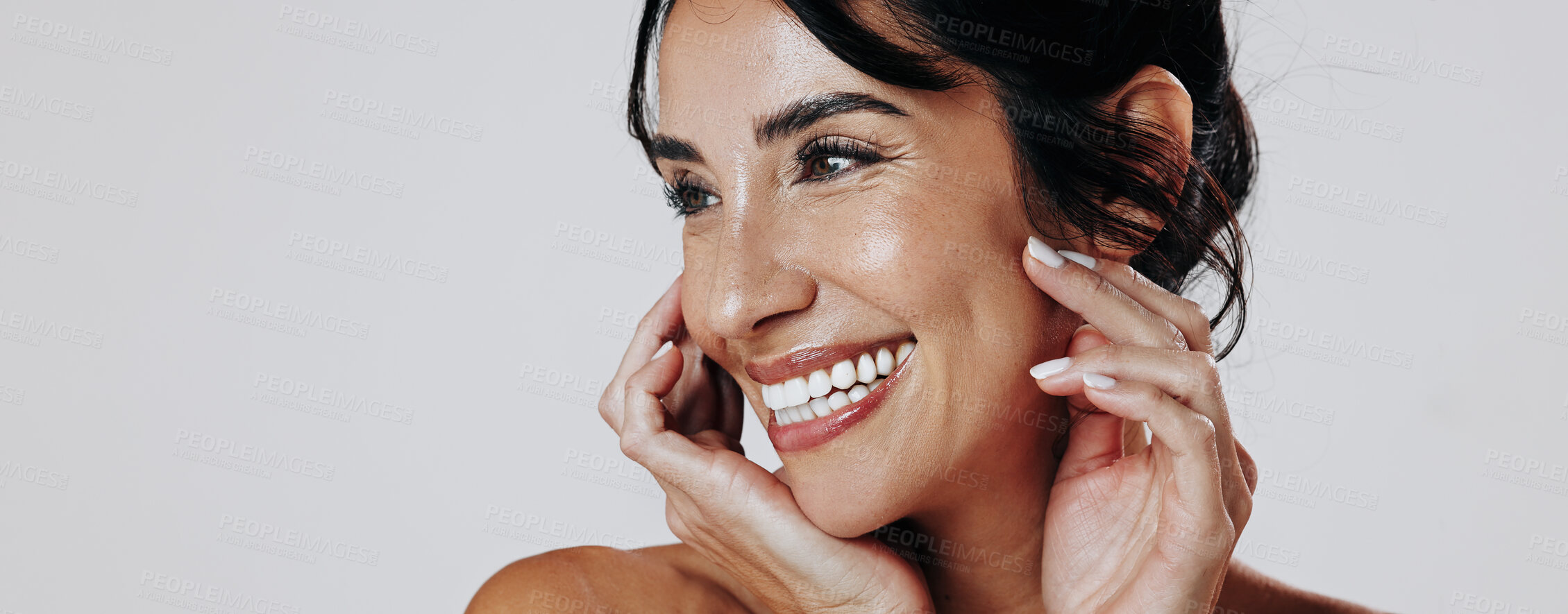 Buy stock photo Beauty, laughing and thinking with woman on studio space for cosmetic or dermatology inspiration. Banner, funny and ideas with mature model isolated on white background for antiaging skincare