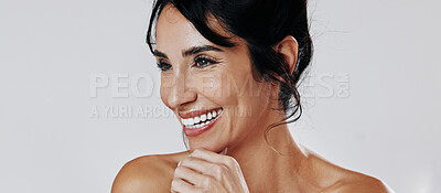Buy stock photo Thinking, skincare and woman in studio, funny and dermatology on white background. Wellness, shine and mature person with cosmetics, reflection and healthy skin for glow, laughing and wallpaper