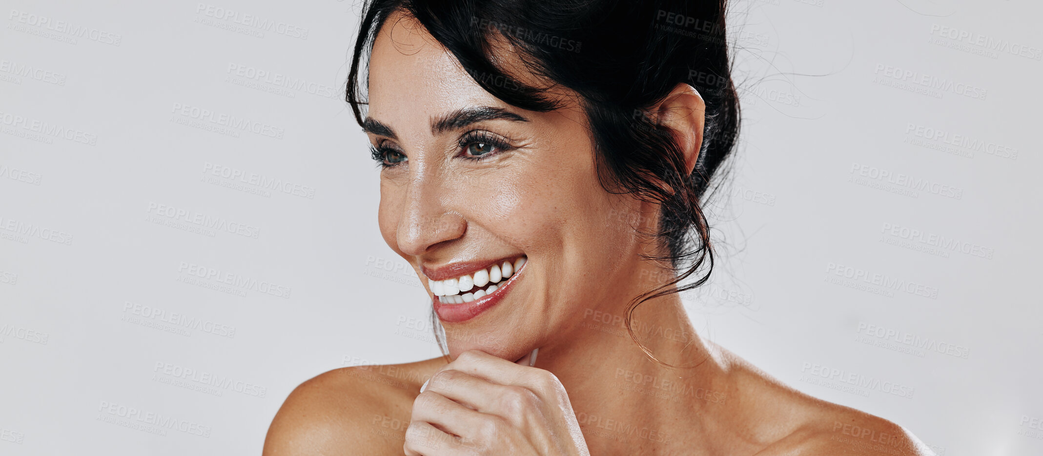 Buy stock photo Thinking, skincare and woman in studio, funny and dermatology on white background. Wellness, shine and mature person with cosmetics, reflection and healthy skin for glow, laughing and wallpaper