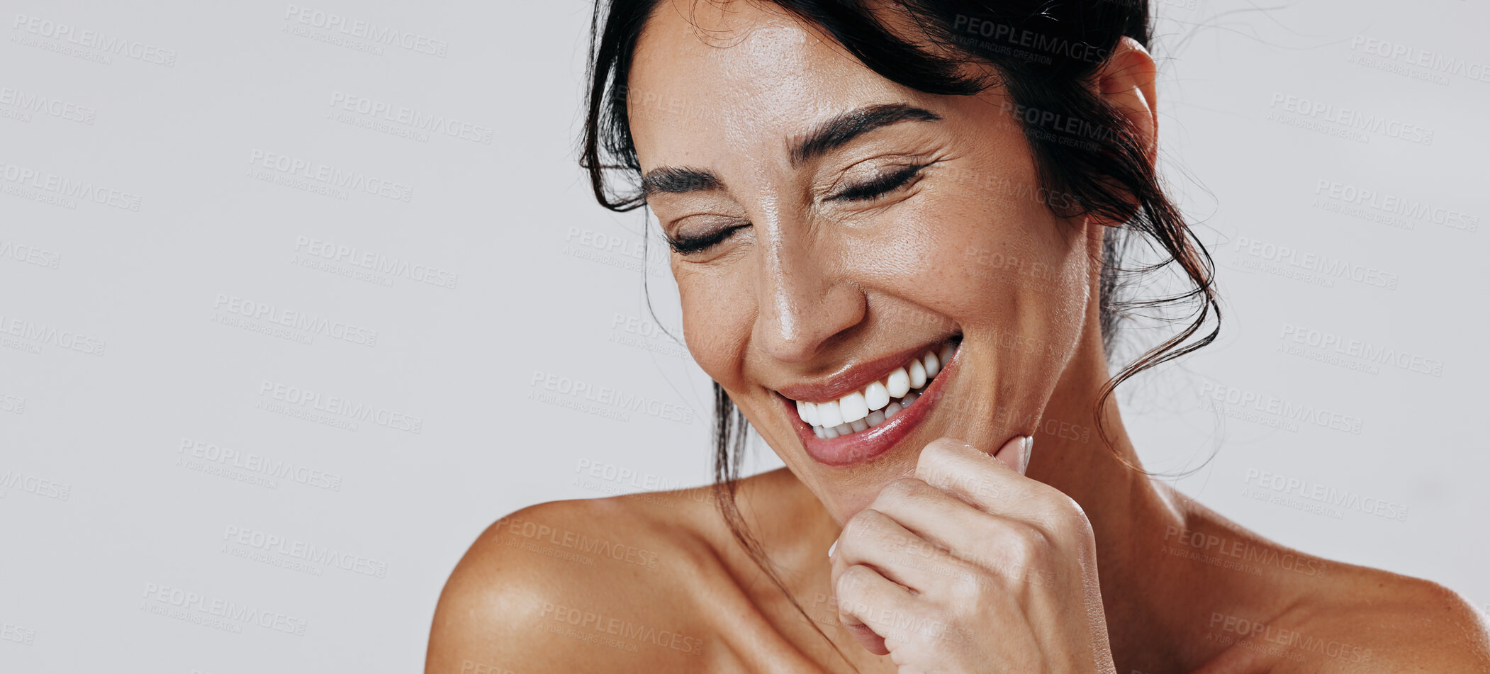 Buy stock photo Skincare, laugh or woman in studio with smooth skin, shine or glow in facial care. Wellness, space or person on white background with confidence, dermatology or natural cosmetics for soft touch.