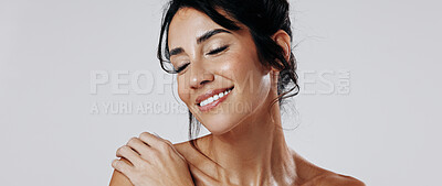 Buy stock photo Skincare, happy or woman in studio with smooth skin, shine or glow in facial care. Wellness, space or person on white background with confidence, dermatology or natural cosmetics for soft touch.