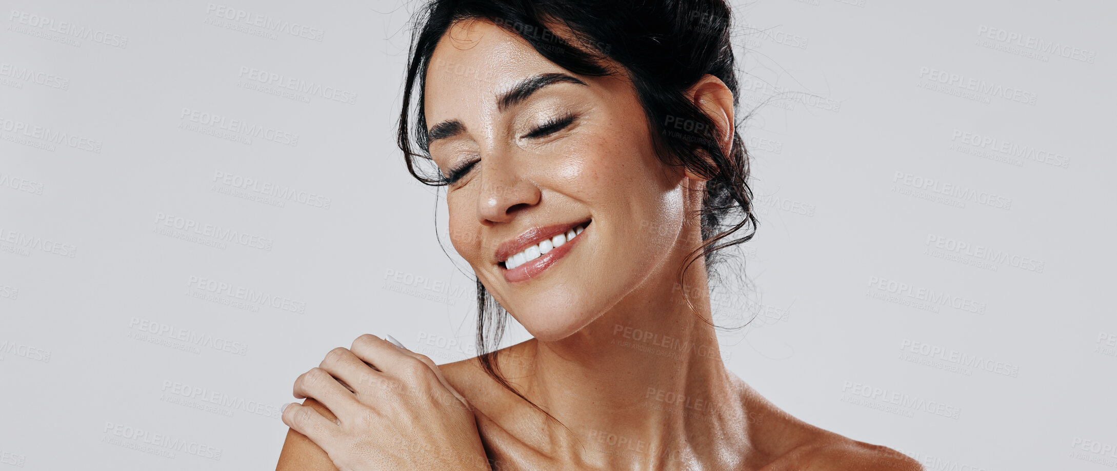 Buy stock photo Skincare, happy or woman in studio with smooth skin, shine or glow in facial care. Wellness, space or person on white background with confidence, dermatology or natural cosmetics for soft touch.