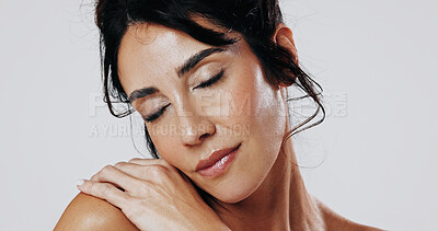 Buy stock photo Skincare, space or woman in studio with smooth skin, shine or glow in facial care. Wellness, smile or person on white background with confidence, dermatology or natural cosmetics for soft touch.
