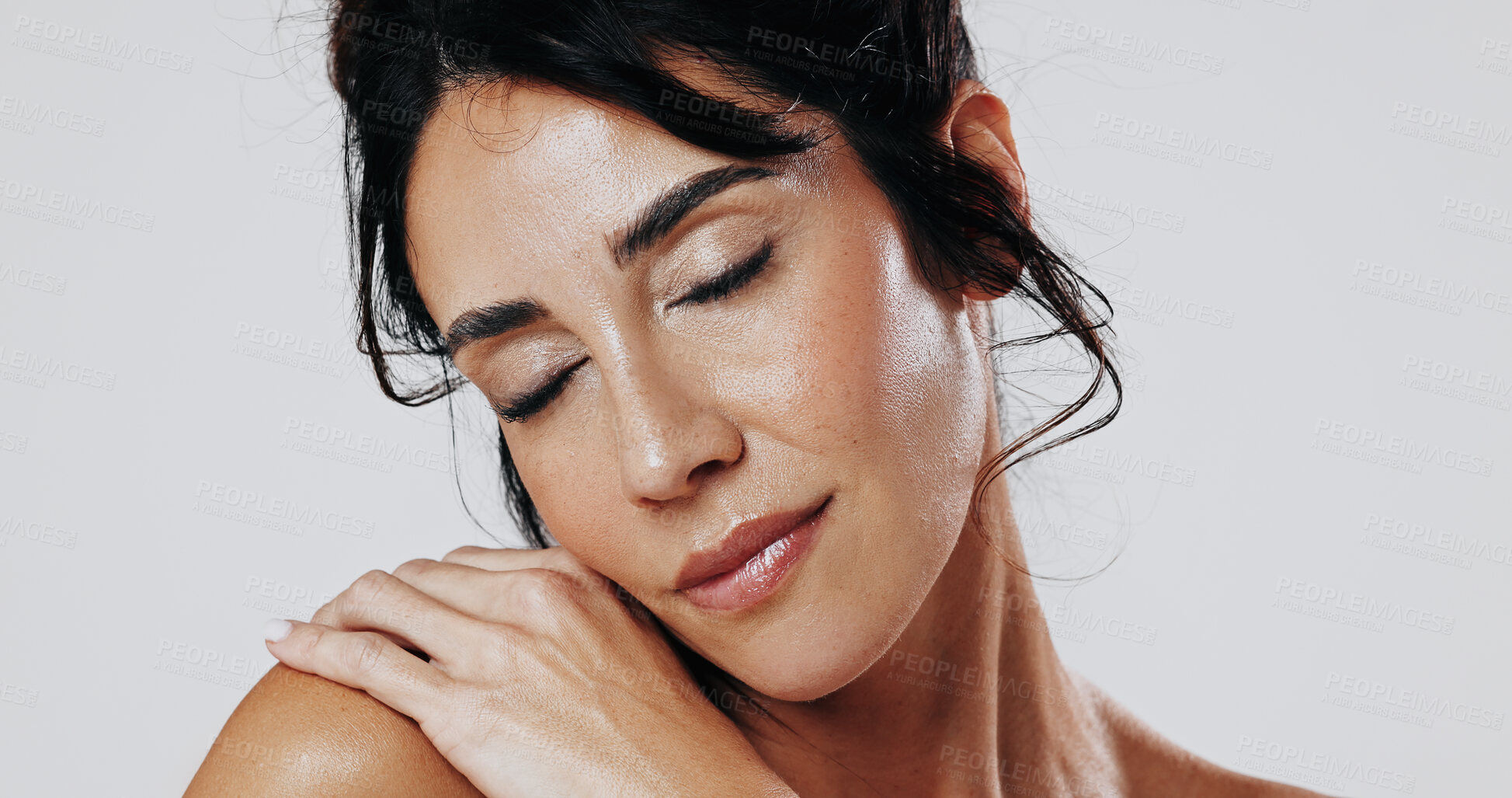 Buy stock photo Skincare, space or woman in studio with smooth skin, shine or glow in facial care. Wellness, smile or person on white background with confidence, dermatology or natural cosmetics for soft touch.