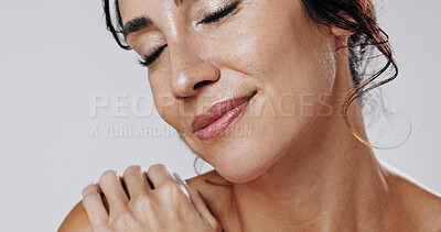 Buy stock photo Eyes closed, skincare and woman in studio, shine and dermatology on white background. Calm, wellness and mature person with cosmetics, reflection and healthy skin with confidence, glow and aesthetic