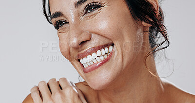 Buy stock photo Happy woman, teeth and studio with dental care for hygiene or dermatology on a white background. Female person, model or smile with tooth whitening for clean gums, mouth protection or oral healthcare