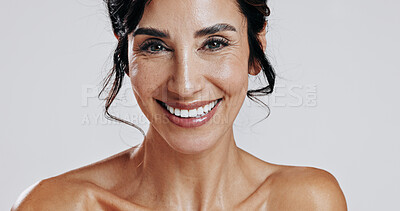 Buy stock photo Beauty, portrait and teeth of woman on studio space for antiaging cosmetics or dermatology results. Aesthetic, mature and skincare with happy model isolated on white background for cosmetology