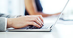 Business people, online and hands with laptop on desk, email marketing or creative assignment on web. Team, coworking and copywriting with tech for blog, typing and post on social media in office