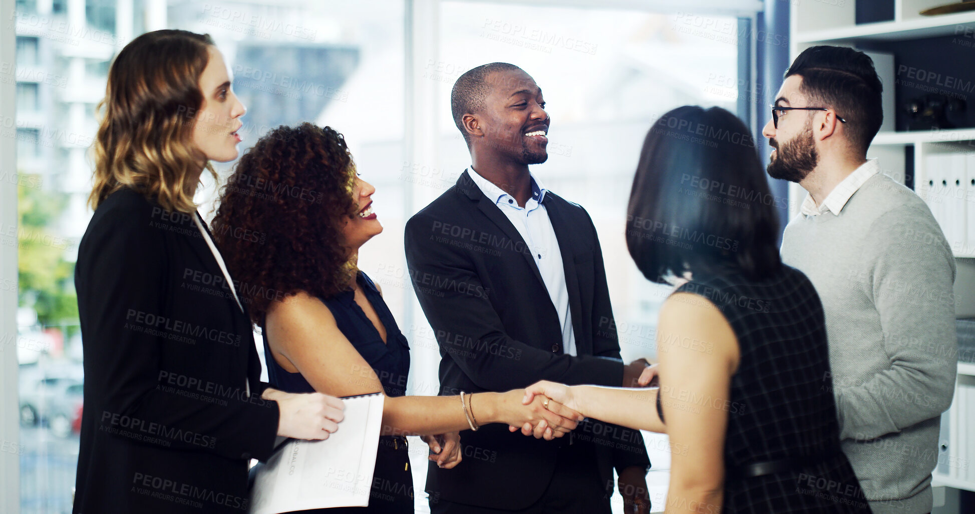Buy stock photo Corporate, lawyers and business people with handshake in office for agreement, merger and partnership. Happy, team and workers shaking hands with clients for b2b deal, legal compliance and thank you