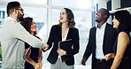 Happy, lawyers and business people with handshake in office for agreement, merger and partnership. Corporate, team and workers shaking hands with clients for b2b deal, legal compliance and thank you