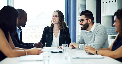 Buy stock photo Meeting, planning and business people in office for finance review, investment proposal and feedback. Corporate, team and workers in discussion for financial report, budget and strategy for growth